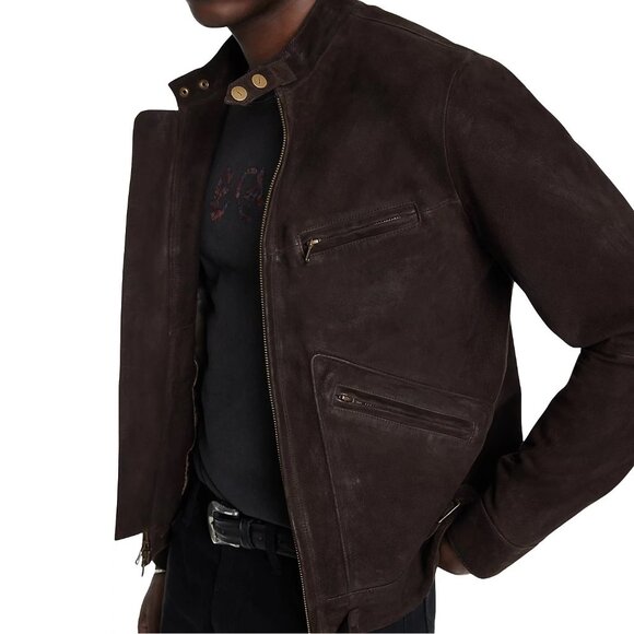 John Varvatos Collection Men's Ezra Racer Jacket Zip Up Burnished Suede Brown